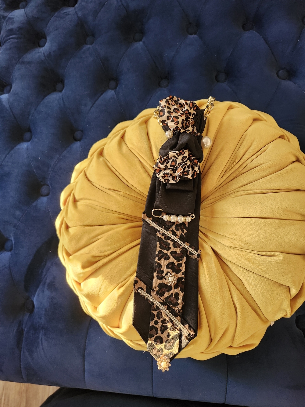 Leopard Print and Black  Tie with Gold Chain & Pearl Accents